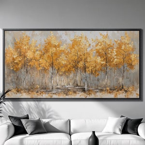 Lienzo enmarcado con árboles de otoño y follaje dorado, impresión de paisaje forestal, lienzo de lujo, pintura de árbol, decoración de la naturaleza, regalo listo para colgar