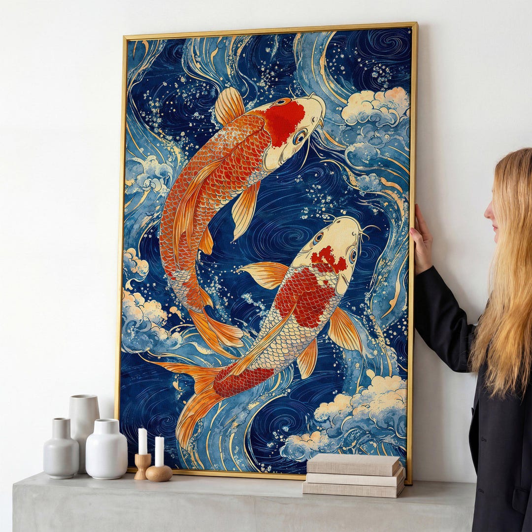 Fish In Waves Koi Fish in Waves Artwork Framed Canvas Asian Fishes Luxury Canvas Art ...