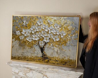 Arbre de vie doré, impression sur toile encadrée fleurs blanches, toile de luxe, nature abstraite, peinture, impression florale, décoration d'arbre, cadeau prêt à accrocher