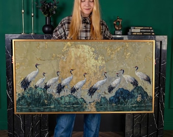 Japanese Cranes Framed Canvas Print Elegant Birds Luxury Canvas Art Golden Full Moon Painting Print Panoramic Poster Zen Decor Ready to Hang