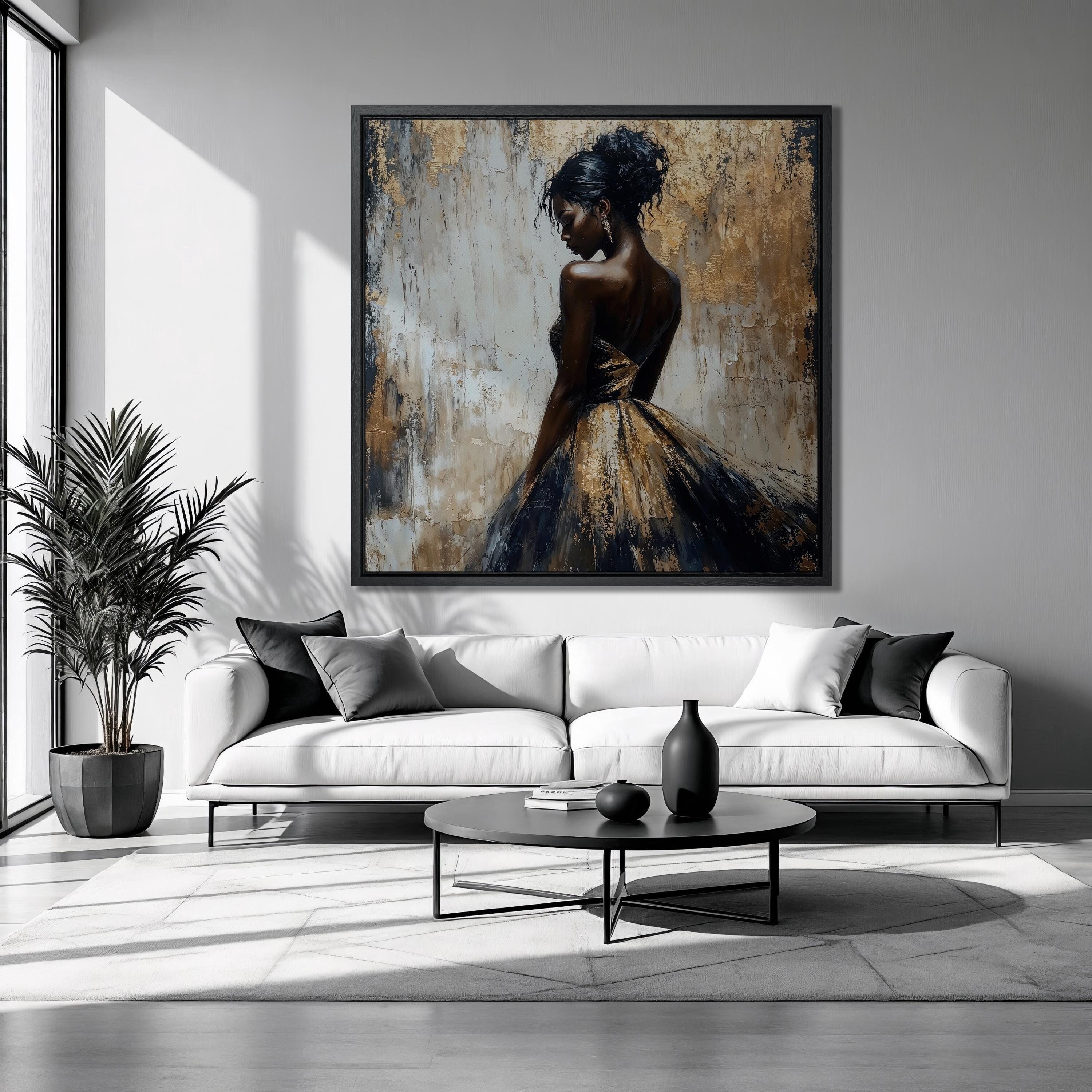 Elegant Lady in Gilded Dress Framed Canvas Print Black Woman Luxury Canvas Art Fashion Female Painting Print Charming Decor Ready to Hang