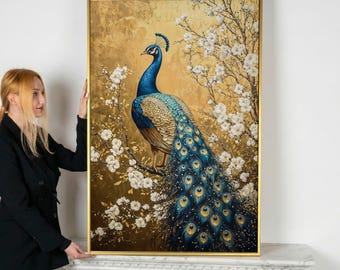 Peacock on the Branch Framed Canvas Print White Blossom Tree Luxury Canvas Art Gorgeous Bird Painting Print Animal Decor Gift Ready to Hang