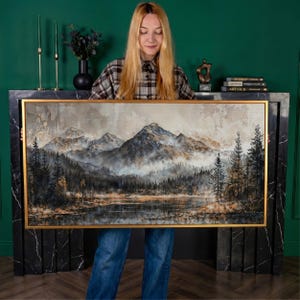 Impresión en lienzo con marco de paisaje de montañas brumosas, paisaje forestal, arte de lienzo de lujo, pintura silvestre, impresión rústica, decoración de pared, lista para colgar