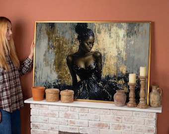May include: A framed painting featuring a woman in a black dress against a gold and gray abstract background. The artwork is displayed above a white brick fireplace, with decorative items like candles and vases.