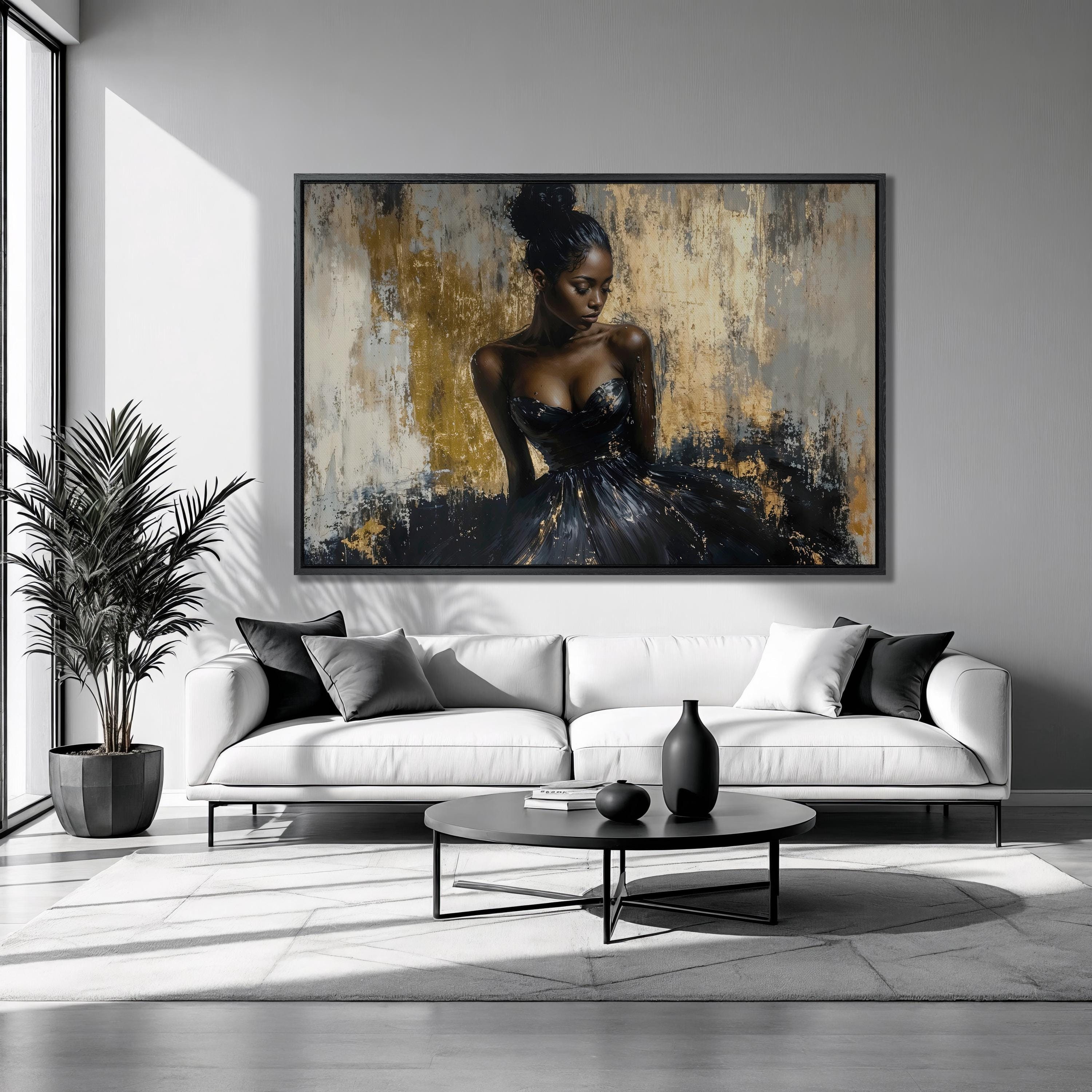Delicate Black Girl Framed Canvas Print Beautiful Woman Luxury Canvas Art Black Gold Painting Print Stylish Feminine Decor Ready to Hang