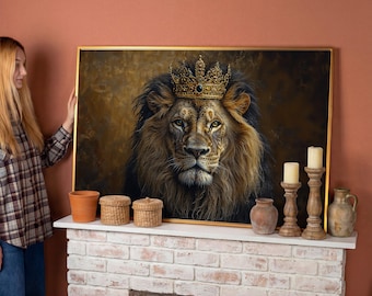 Royal Lion with Crown Framed Canvas Print King of the Jungle Luxury Canvas Art Regal Animal Painting Print Wildlife Decor Gift Ready to Hang