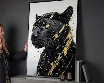 Black Panther Framed Canvas Print Abstract Animal with Gold Accent Luxury Canvas Art Big Cat Painting Print Wildlife Decor Ready to Hang