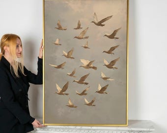 Flock of Birds Framed Canvas Print Wildlife Luxury Canvas Art Modern Avian Painting Print Beige Poster Minimalist Home Decor Ready to Hang