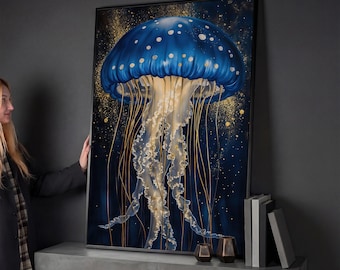 Beautiful Jellyfish Framed Canvas Print Magic Underwater Luxury Canvas Art Abstract Ocean Painting Print Nautical Decor Gift Ready to Hang