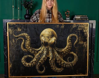 Black and Gold Octopus Framed Canvas Print Gothic Luxury Canvas Art Underwater Animal Painting Print Marine Theme Decor Gift Ready to Hang