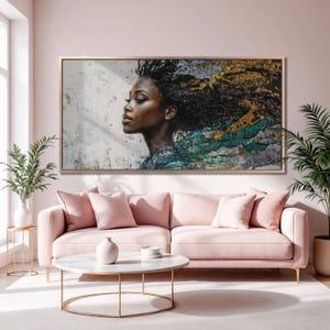 Lienzo enmarcado con retrato de mujer negra, impresión de rasgos faciales, arte de lienzo de lujo, pintura abstracta de cabello, impresión, decoración de moda, regalo listo para colgar