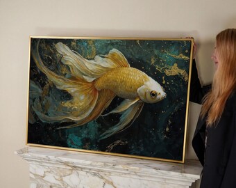 Elegance Goldfish Framed Canvas Print Underwater Animal Luxury Canvas Art Marine Life Painting Print Marble Waves Effect Decor Ready to Hang
