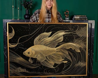 Goldfish Framed Canvas Print Abstract Black Gold Waves Luxury Canvas Art Underwater Animal Painting Print Marine Fish Decor Ready to Hang