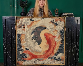 Harmony Koi Fish Framed Canvas Print Japanese Luxury Canvas Art Yin Yang Painting Print Balance Symbol Poster Feng Shui Decor Ready to Hang