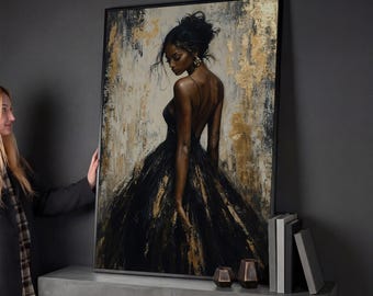 Fashion Elegance Girl Framed Canvas Print Black Woman Luxury Canvas Art Female Figure in Dress Painting Print Abstract Decor Ready to Hang