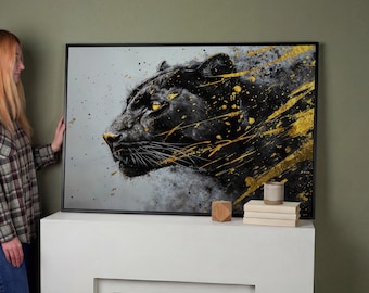 Dynamic Black Panther Framed Canvas Print Jungle Animal Luxury Canvas Art Abstract Big Cat Painting Print Wildlife Decor Gift Ready to Hang