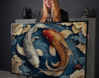 Koi Fish Framed Canvas Print Japanese Style Luxury Canvas Art Swirling Water Painting Print Yin Yang Poster Asian Decor Ready to Hang