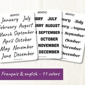 Può includere: Tre fogli di adesivi rettangolari bianchi con la parola MONTHS in alto, seguiti dai nomi dei dodici mesi in tre distinti stili di carattere neri. Un banner viola nella parte inferiore mostra il testo Français & english - 11 colors.