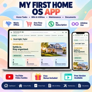 Puede incluir: Una presentación digital de la aplicación My First Home OS con pantallas de portátil y smartphone que muestran una interfaz de panel de control para tareas domésticas, facturas, mantenimiento y documentos, junto a iconos de uso y acceso.