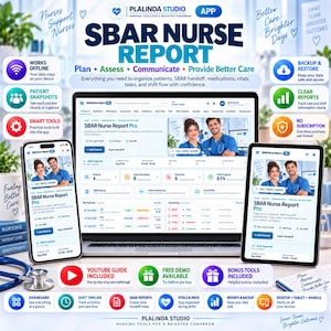 Puede incluir: Una aplicación digital SBAR Nurse Report Pro mostrada en una computadora portátil, tableta y teléfono inteligente. La interfaz incluye herramientas de gestión de pacientes, cronogramas de turnos e informes de entrega para la atención de enfermería.