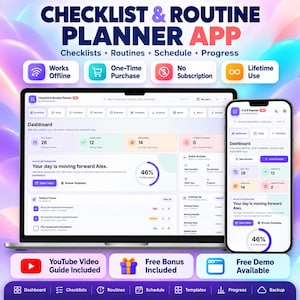 May include: A digital checklist and routine planner app displayed on a laptop screen and a smartphone. The interface shows a dashboard with task progress, daily schedules, and productivity metrics. Text includes Checklist & Routine Planner App.