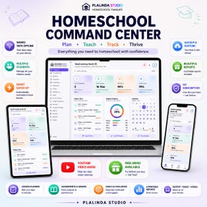 May include: A digital homeschool command center software interface displayed on a laptop, tablet, and smartphone. The dashboard features progress tracking, lesson planning, and calendar views with text including "Homeschool Command Center" and "Plalinda Studio."