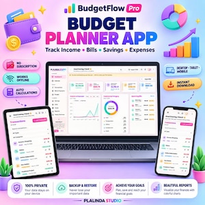 Op de afbeelding: BudgetFlow Pro budgetplanner-app weergegeven op een laptop, tablet en smartphone. De interface toont financiële dashboards, transactielijsten en kleurrijke grafieken. Tekst bevat Track Income, Bills, Savings, Expenses en Plalinda Studio.