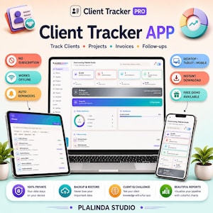 May include: Client Tracker PRO app interface displayed on a laptop, tablet, and smartphone. The dashboard features colorful charts, project tracking, invoice management, and follow-up reminders. Text includes Client Tracker PRO, Client Tracker APP, and Plalinda Studio.
