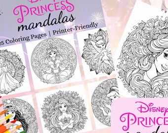 Disney Princess Mandalas 25 Coloring Pages – Printable PDF for Kids & Adults, Instant Download Art Therapy, Digital Relaxation