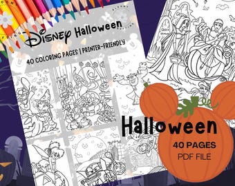 May include: A Disney Halloween coloring book with 40 printer-friendly pages. The cover features a pumpkin with Mickey Mouse ears and the word "Halloween". The pages contain black and white illustrations of Disney characters.