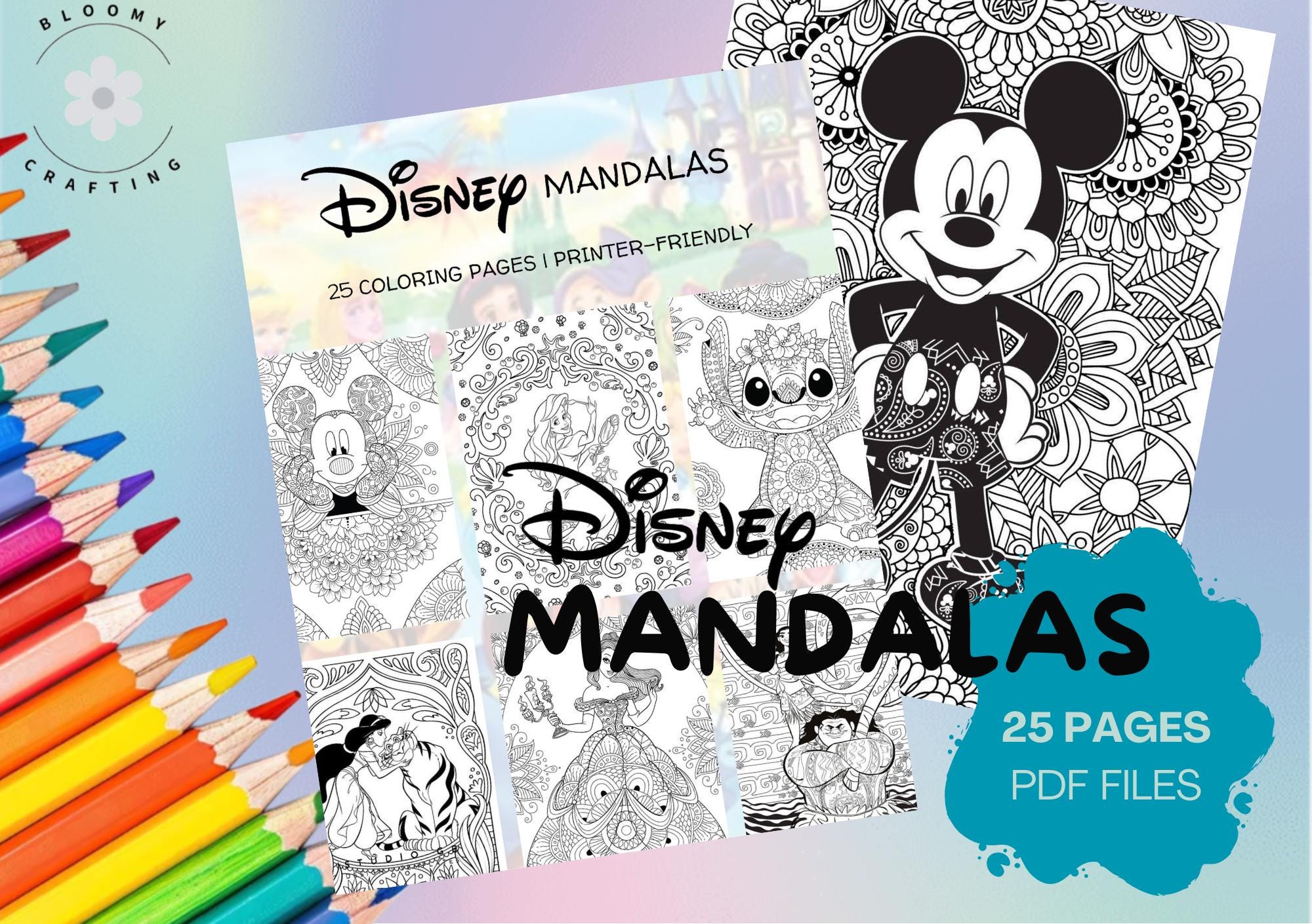 Disney Mandalas 25 Coloring Pages – Printable PDF for Kids & Adults, Instant Download Art Therapy, Digital Relaxation Gift