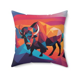 Bright Rainbow Bison Decorative Pillow - Wyoming-Inspired Western Home Decor