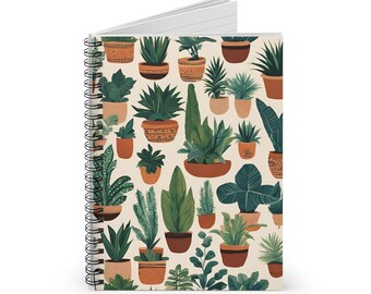 Botaniczny spiralny notatnik z roślinami doniczkowymi, dziennik miłośnika roślin z liniami | Artykuły piśmiennicze Indoor Jungle, estetyka Green Thumb