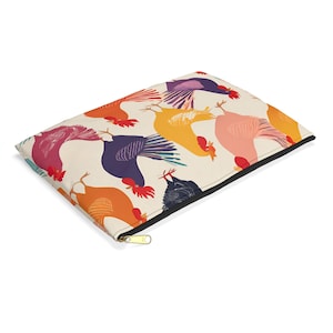 Accessory Pouch with Rainbow Chicken Pattern, Funny Farm Animal Zipper Bag, Colorful Makeup Bag, Small Travel Pouch, Chicken Lover Gift,