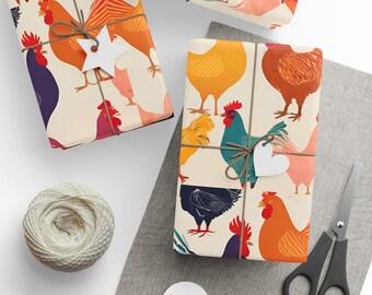 May include: A sheet of colorful wrapping paper with a repeating pattern of chickens. The chickens are in various colors, including red, orange, yellow, blue, and green. The paper is wrapped around a gift box and tied with twine. There are also white gift tags and a ball of twine in the image.