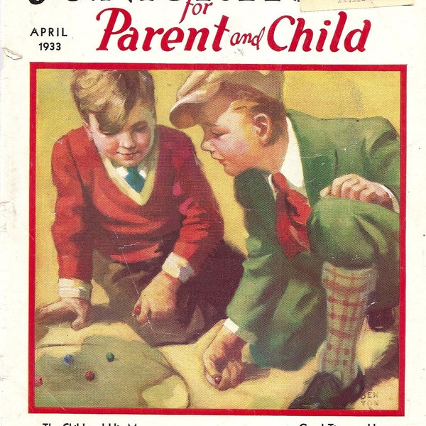 Vintage Paper Ephemera Boys Marbles Game April 1933 Mag cover Illustration BENTON
