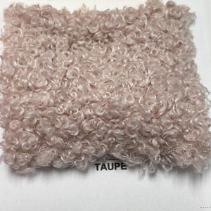 A square swatch of taupe curly teddy fleece fabric with the word TAUPE printed below.