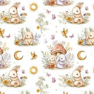 Baby Nursery Fabric with Woodland Watercolor Bunnies, Soft Textile by the Yard