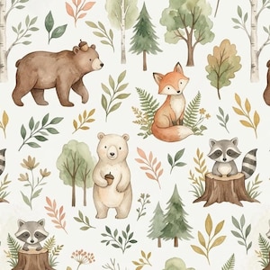 Woodland Fabric with Watercolor Animals, Nursery by the Yard