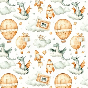 Nursery Fabric by the Yard - Watercolor Dragons, Rockets and Balloons