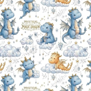 Dragon Fabric by the Yard, Watercolor Nursery Print for Baby Boy