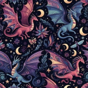 Dragon Fabric, Night Cotton Print By The Yard - Moon Star Pattern