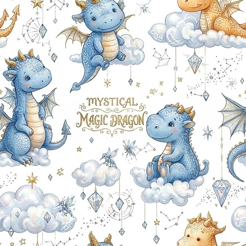 Dragon Nursery Fabric by the Yard, Watercolor Dragon Print for Baby Boy ...
