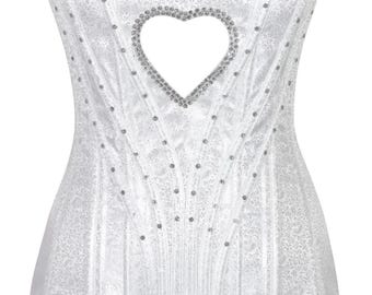 White Sabrina Carpenter Bedazzled Corset | Custom Heart Cutout | Rhinestone Woman's Top | Halloween Sabrina Carpenter Inspiration Inspo