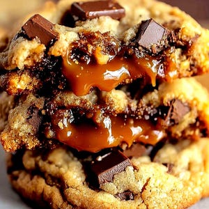 May include: A stack of two freshly baked cookies with a gooey caramel center and chunks of dark chocolate. The cookies have a golden-brown color and a slightly crispy texture, with melted caramel oozing out.