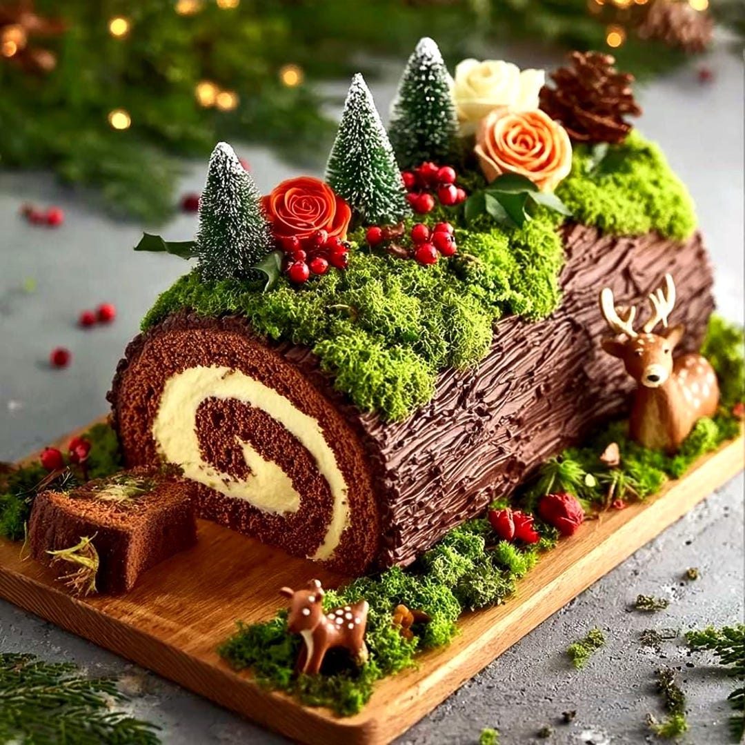 Chocolate Swiss Roll Yule Log Cake: Cream Filling, Forest Theme - Etsy