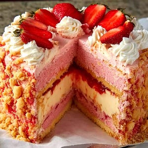 Pode incluir: Um bolo de morango em camadas com uma fatia cortada, revelando um recheio cremoso. O bolo é decorado com fatias de morango frescas e chantilly. O exterior do bolo tem uma textura esfarelada.