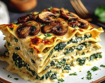 May include: A slice of lasagna with layers of pasta, spinach, and creamy white sauce, topped with sautéed mushrooms and fresh parsley. The lasagna is served on a white plate with a brown rim.