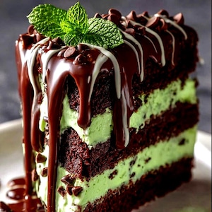 Op de afbeelding: Een stuk gelaagde chocoladetaart met mintgroene frosting. De taart is overgoten met pure chocolade en witte glazuur, gegarneerd met chocoladeschilfers en verse muntblaadjes. Een dessert.