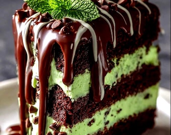 May include: A slice of layered chocolate cake with mint green frosting. The cake is drizzled with dark chocolate and white icing, topped with chocolate chips and fresh mint leaves. A dessert.